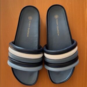 Tory Burch Quilted Platform Slide Sandal in Colorblock Napa Leather- Blue, 10.5M